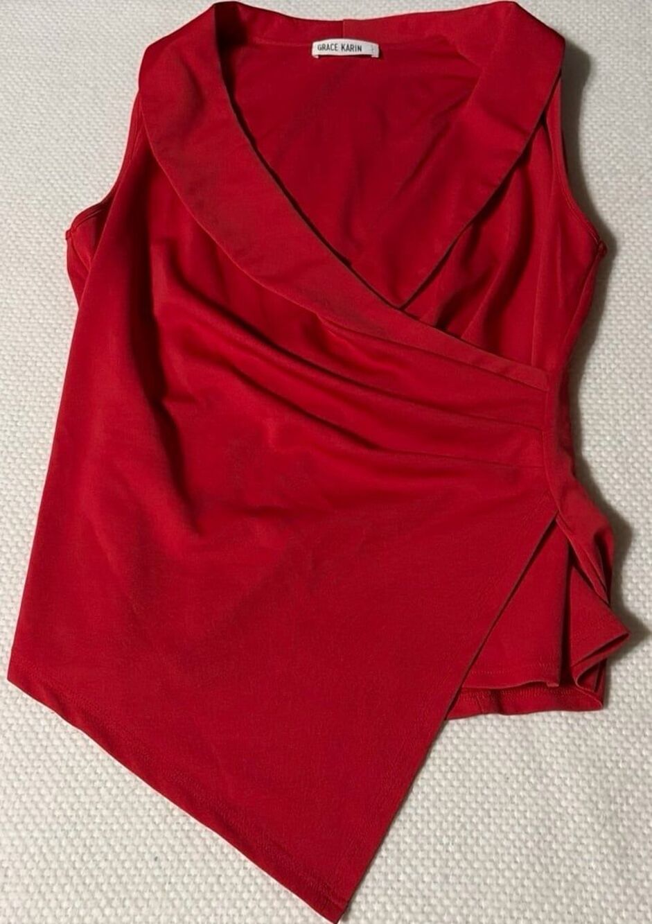 Grace Karin Red Wrap Front Asymmetrical Blouse Top Size L